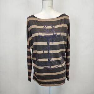 Go Couture Stripe Nautical Top Size M Gray Tan Dolman Sleeve Beach Coastal Indie